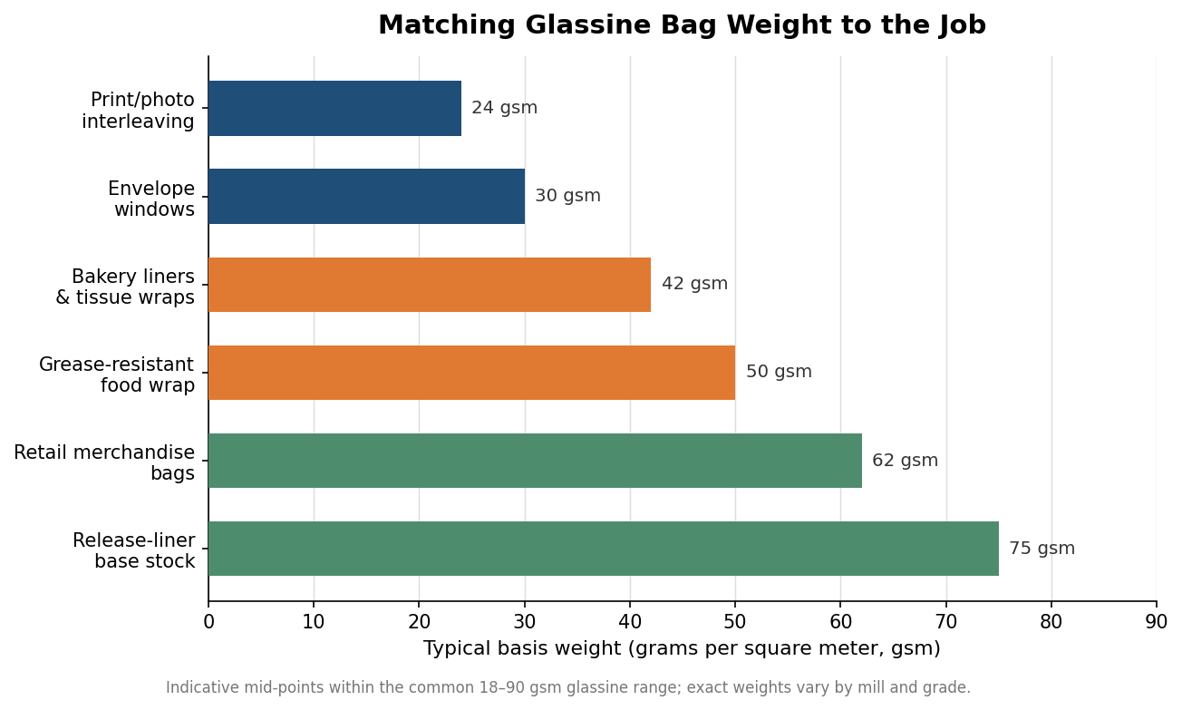 Horizontal bar chart of typical glassine basis weights in gsm for interleaving, envelope windows, bakery liners, food wrap, retail bags and release-liner stock