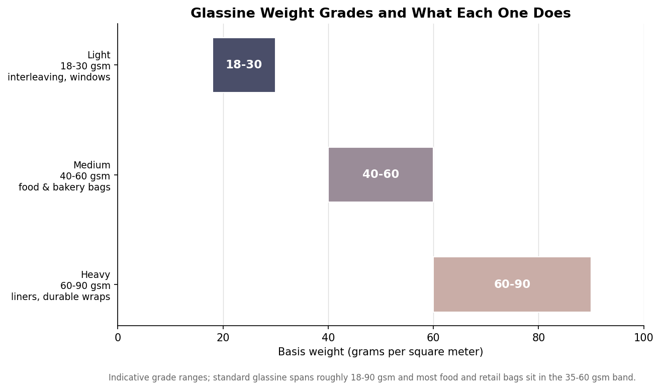 Floating bar chart of glassine weight grades in gsm: light 18-30, medium 40-60, heavy 60-90 with typical uses